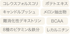 コレウスフォルスコリ／ポテトエキス／キャンドルブッシュ／メロン抽出物／難消化性デキストリン／BCAA／8種のビタミン＆鉄分／L-カルニチン
